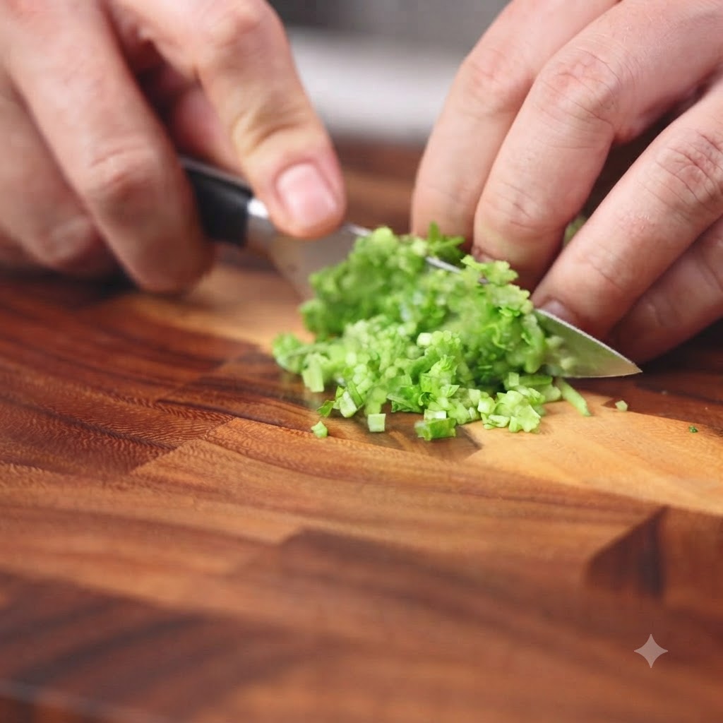 Green jalapeno peppers being finely chopped on a wooden cutting board.