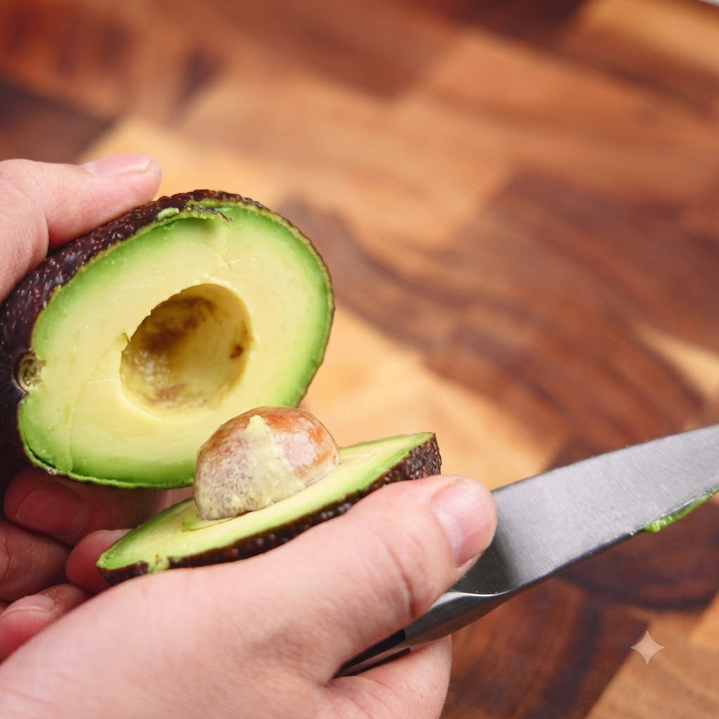 An avocado halved with the pit visible being held over a wooden surface.