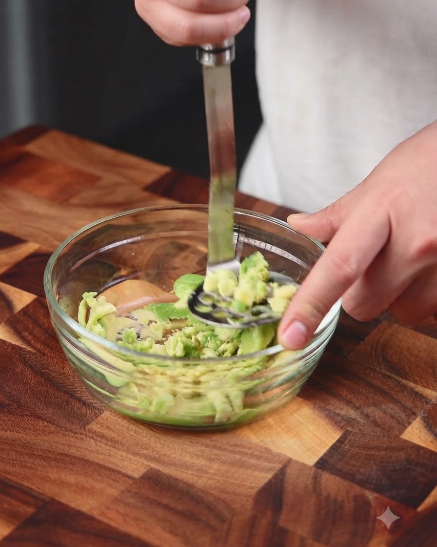 Lemon juice being squeezed into a bowl containing mashed avocado using a metal masher.
