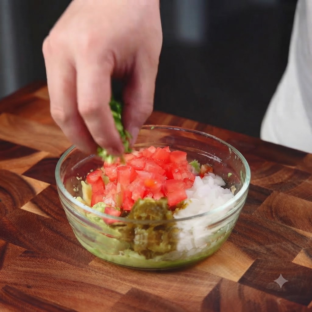 Finely chopped tomatoes, onions, cilantro, and jalapenos being added directly into a glass bowl containing mashed avocado.