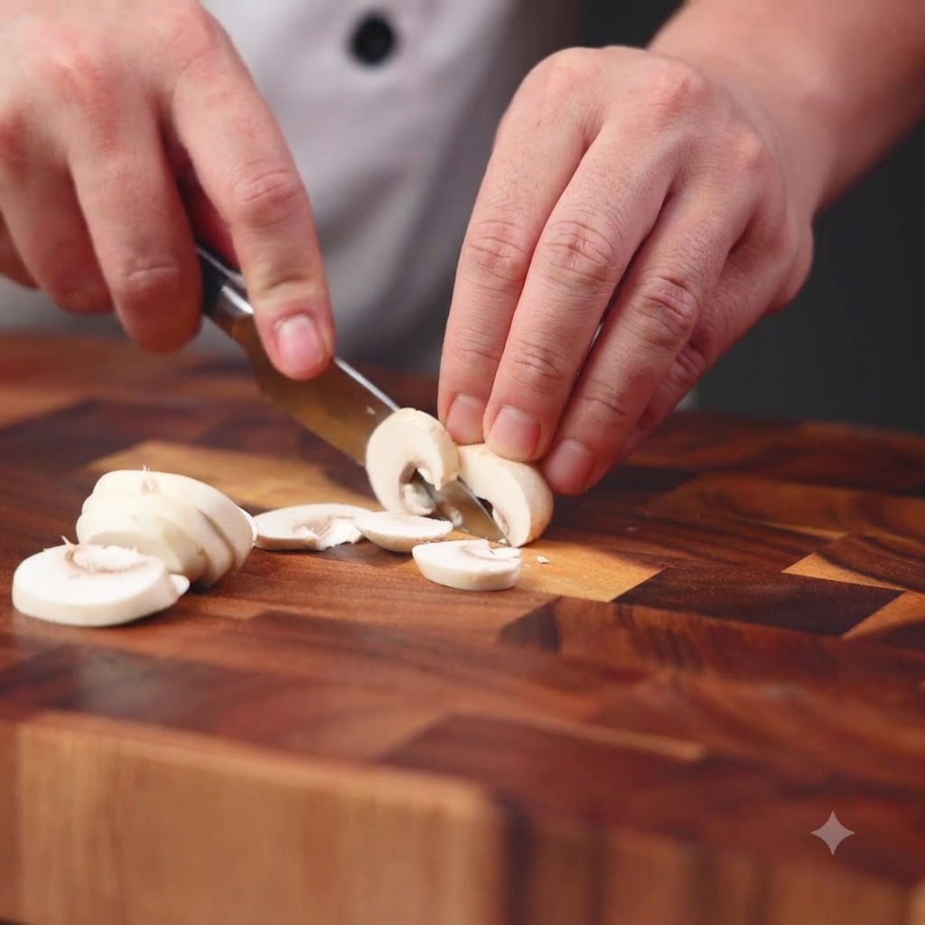 Garlic cloves being minced into small pieces with a kitchen knife on a wooden board.