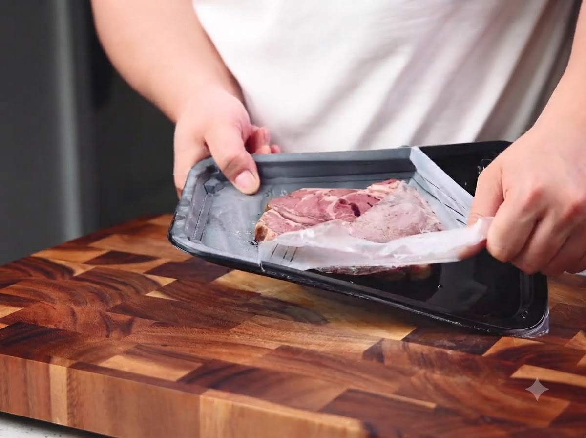 Raw steak in a black tray being seasoned with salt, pepper, and olive oil.