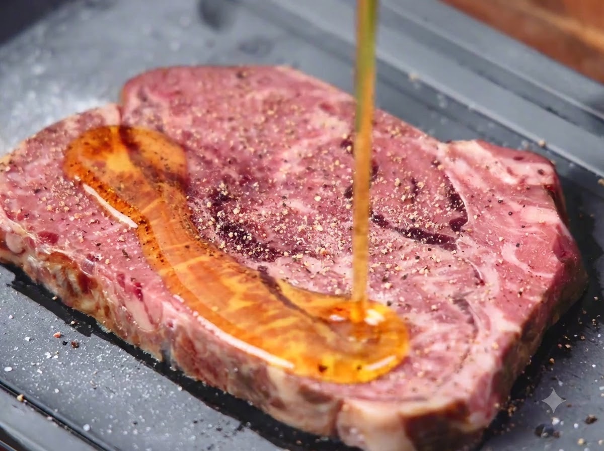 Olive oil being poured over a raw, seasoned steak on a tray.