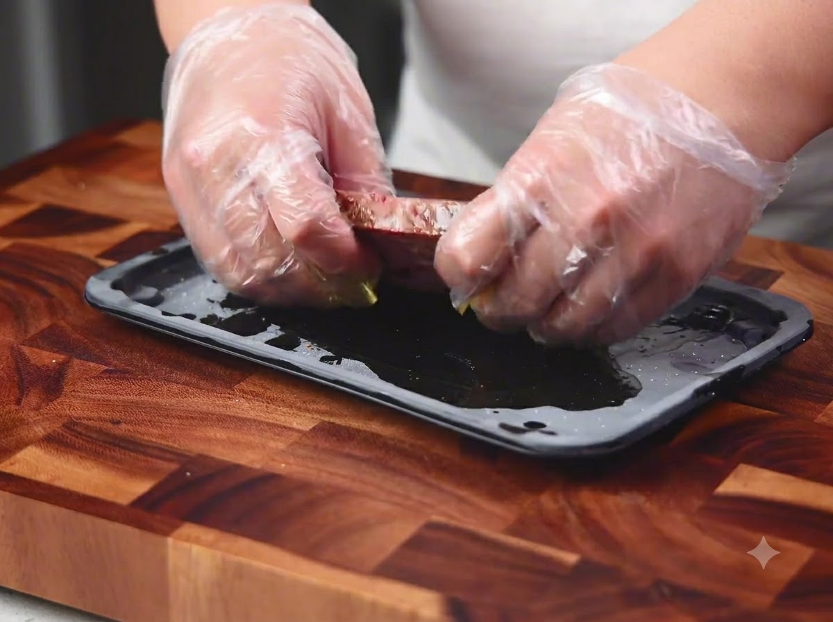Hands wearing plastic gloves rubbing oil and seasonings into a raw piece of steak on a dark tray.
