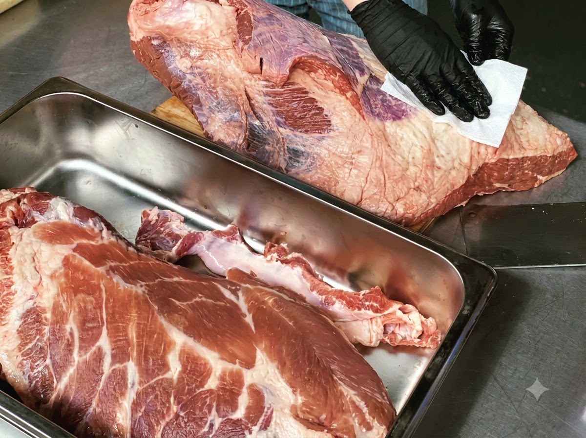 A pair of gloved hands wiping the surface of a raw beef brisket with a white paper towel inside a metal tray.