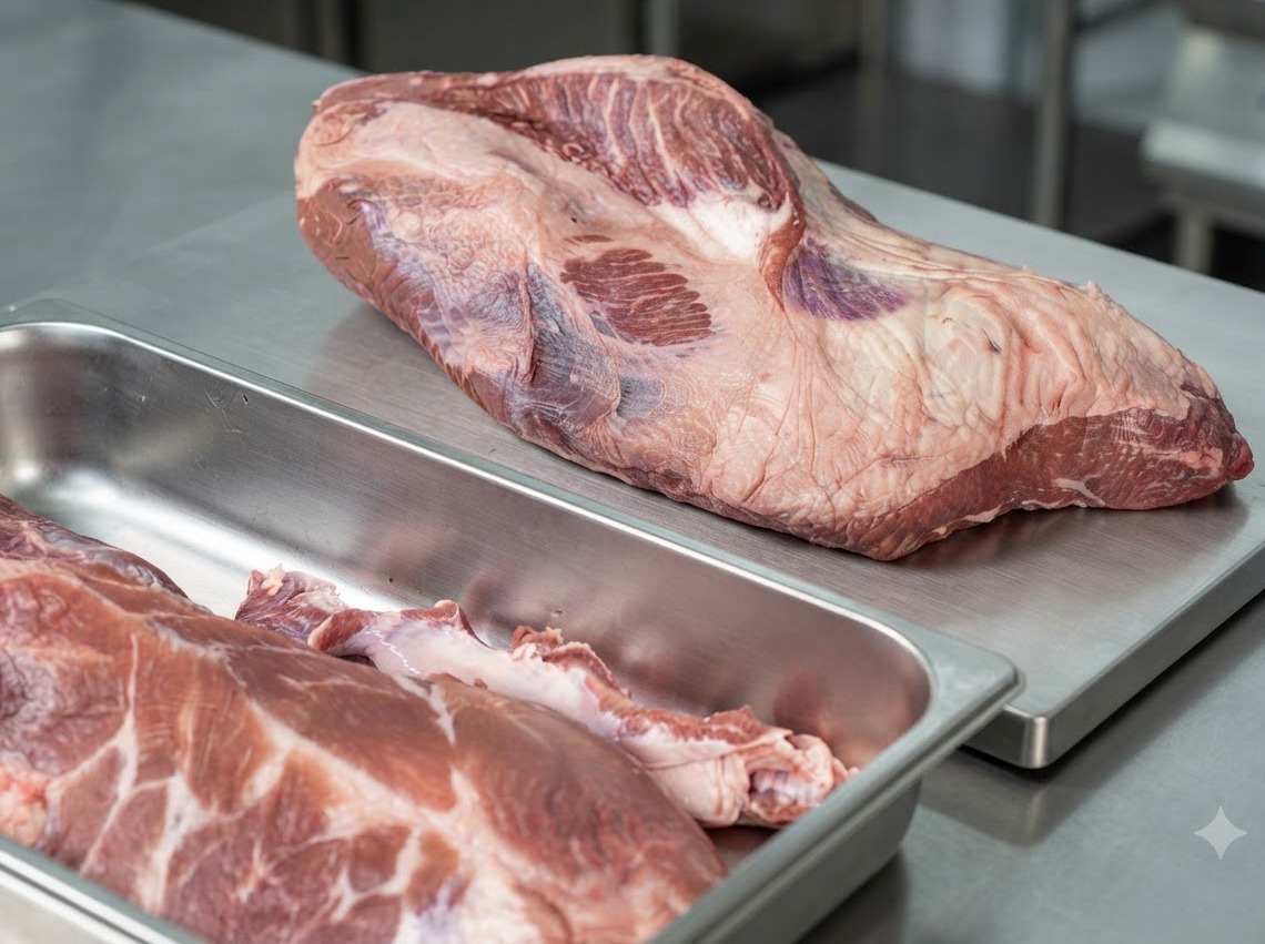 A raw beef brisket resting on a metal cutting surface with a knife positioned nearby, ready for trimming.