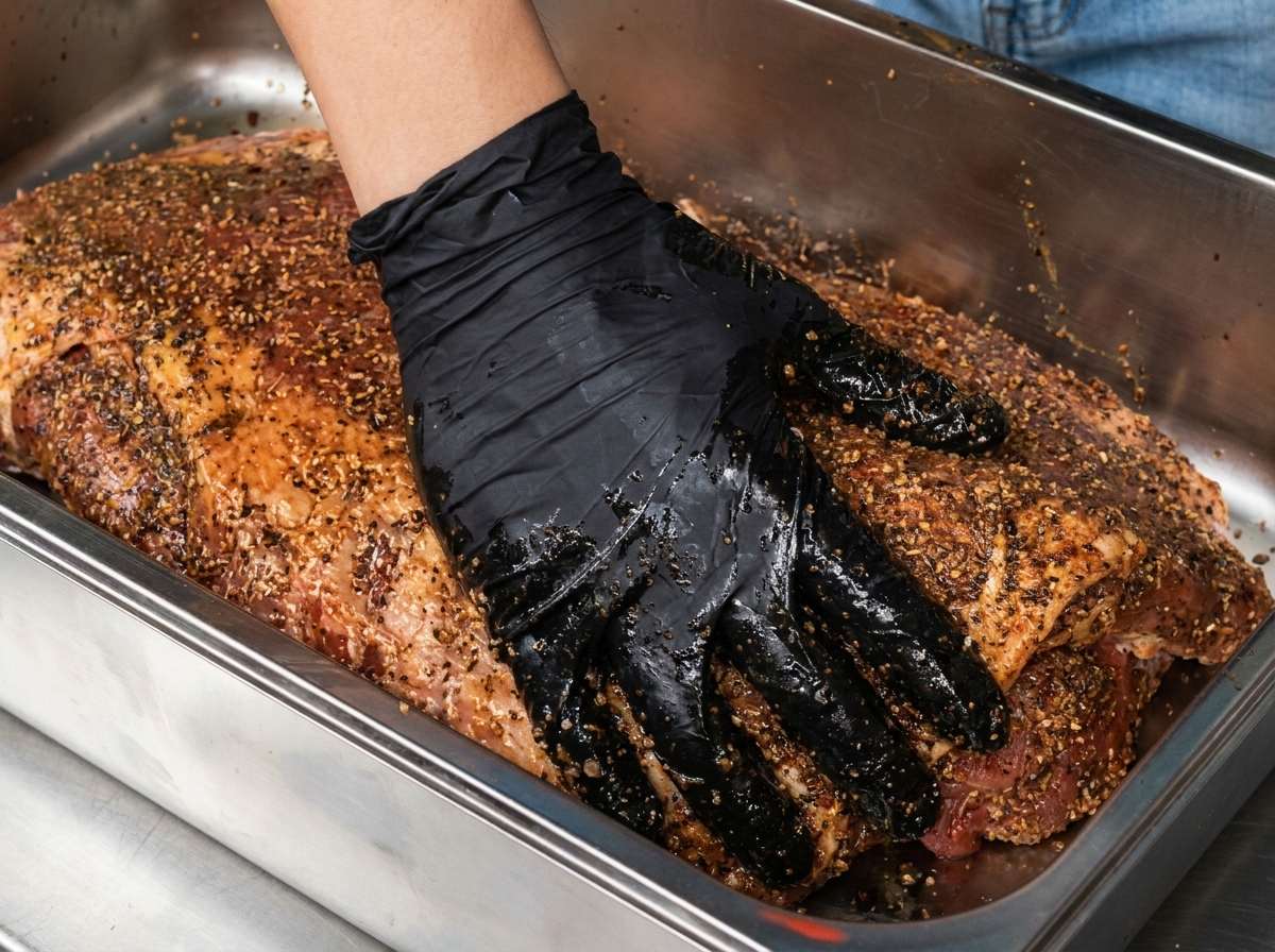 A gloved hand rubbing a dense layer of spices and coarse seasoning evenly across a large raw beef brisket in a metal tray.