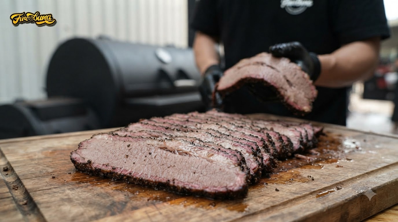 Close-up of freshly sliced smoked beef brisket displaying a dark peppery bark and juicy pink interior layers.