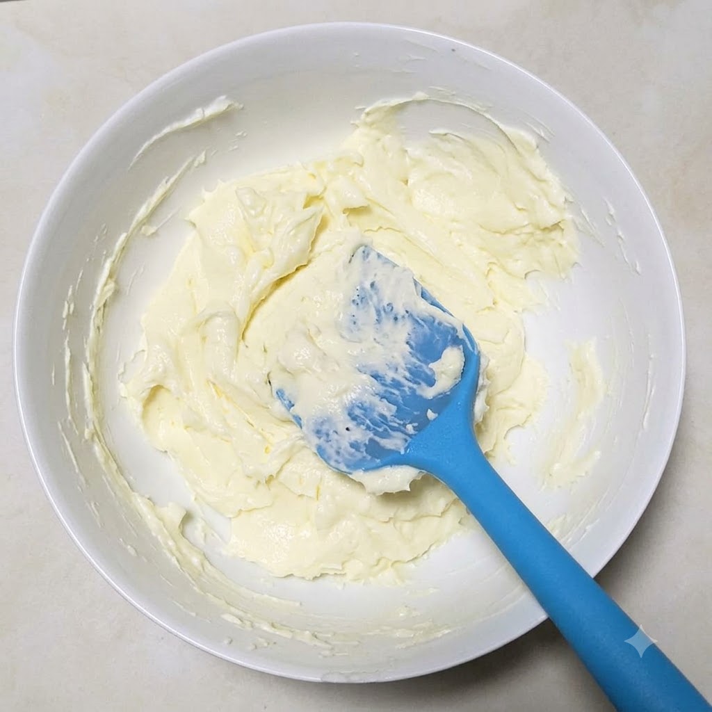 Softened cream cheese inside a white bowl being mixed together with salt and sugar using a blue spatula.