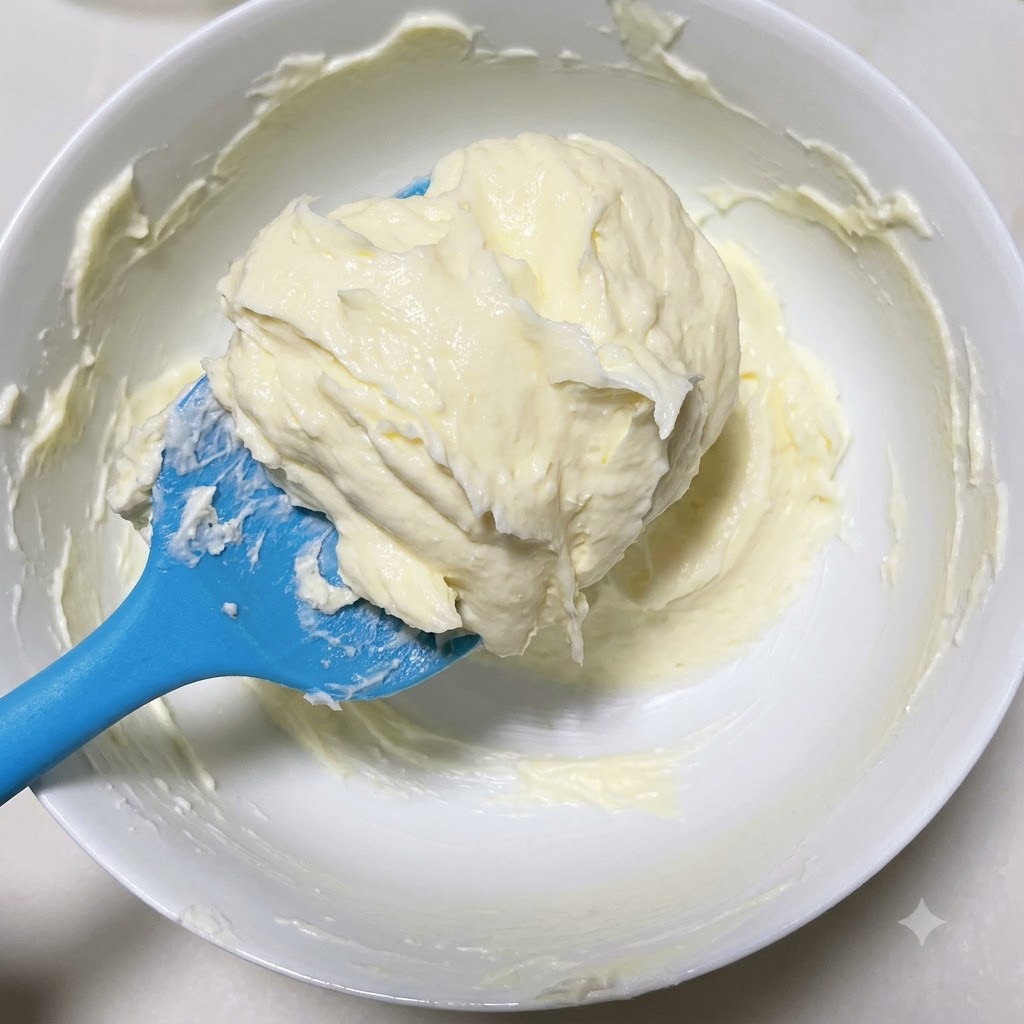 Cream cheese mixture being stirred continuously until completely smooth and uniform.
