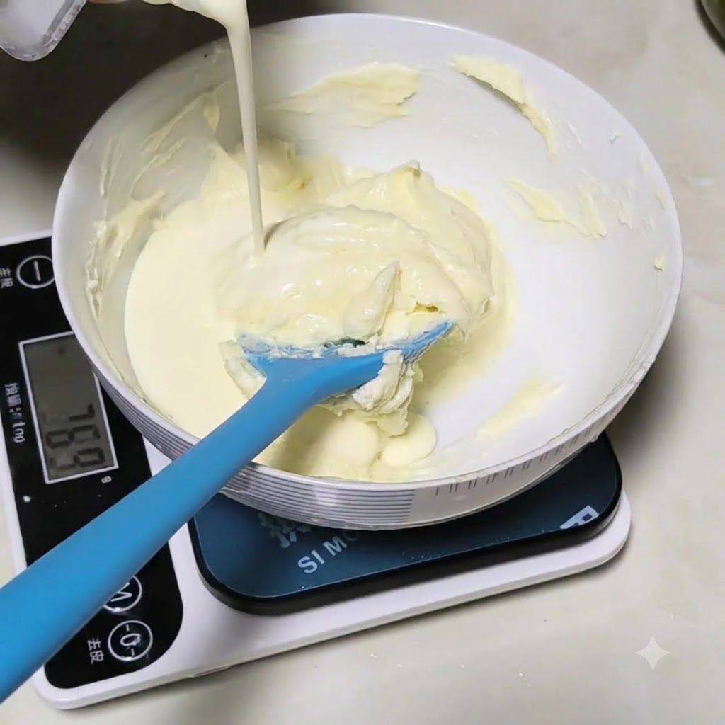 Heavy cream being poured from a carton into the mixing bowl with cream cheese.