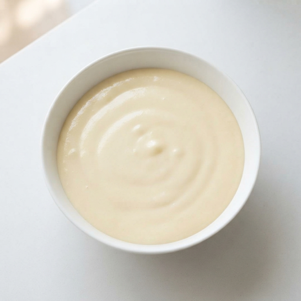 The blended cream cheese and heavy cream mixture being whisked until smooth and lump-free.