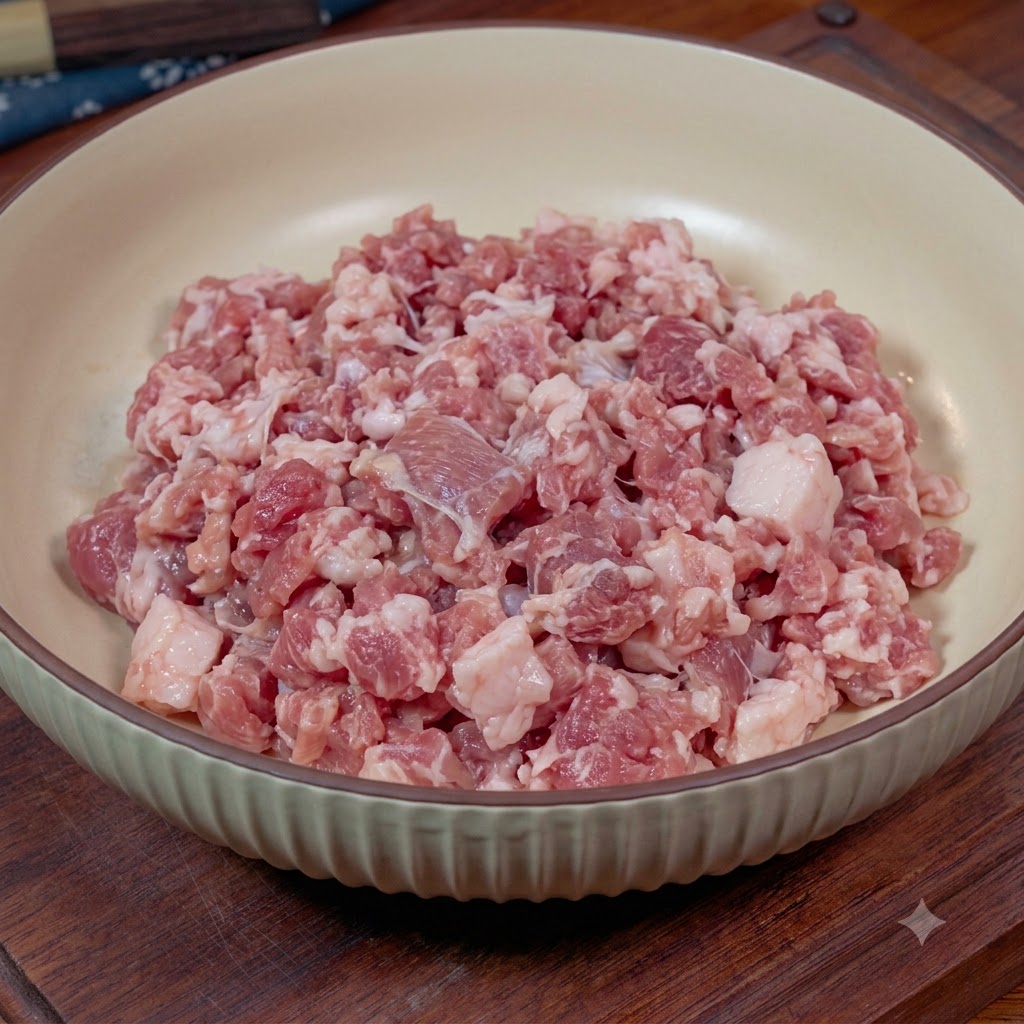 A bowl of fresh minced meat topped with a small pile of minced scallions, ginger, salt, and chicken bouillon.