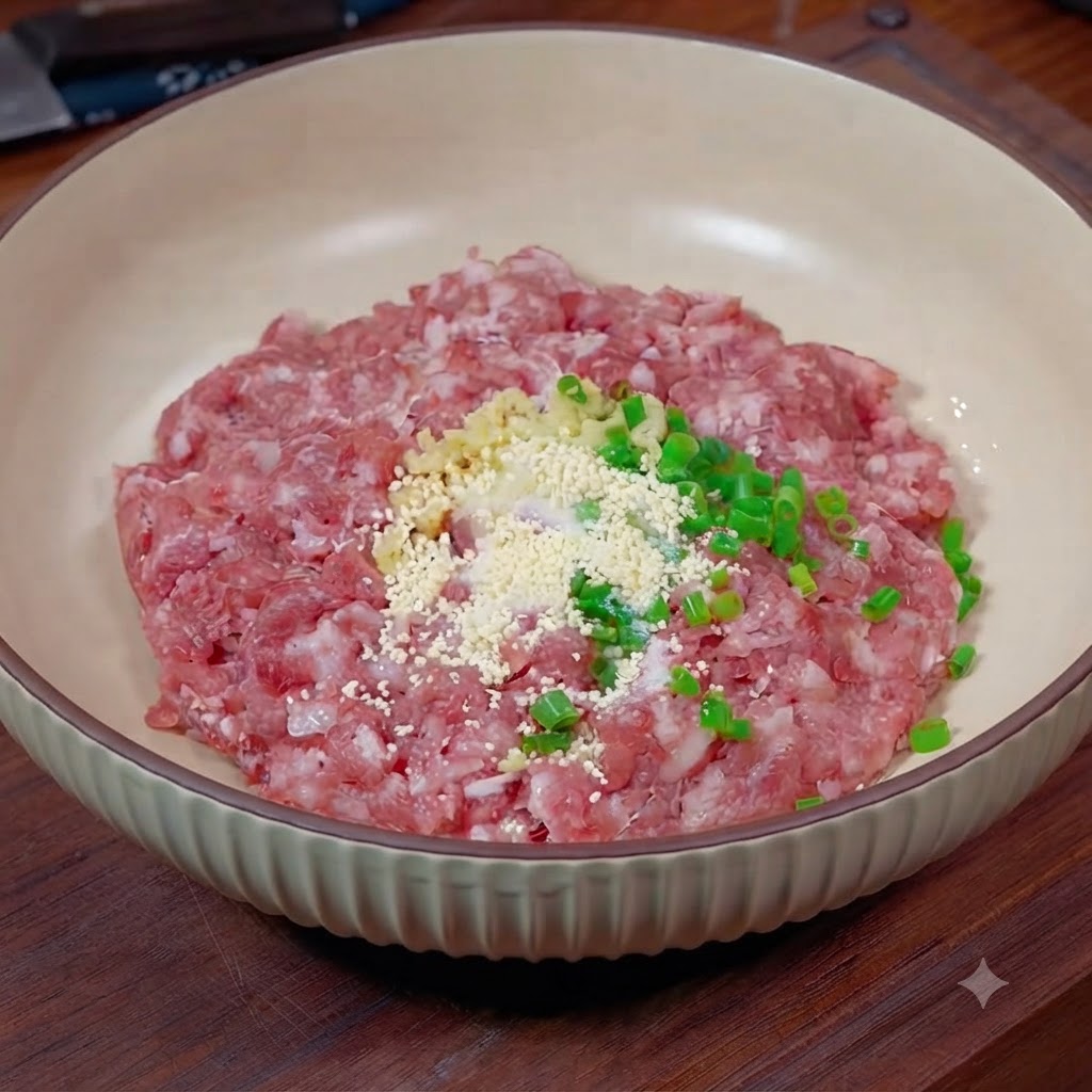 Minced meat mixture with thirteen-spice, light soy sauce, oyster sauce, and starch piled in the center.