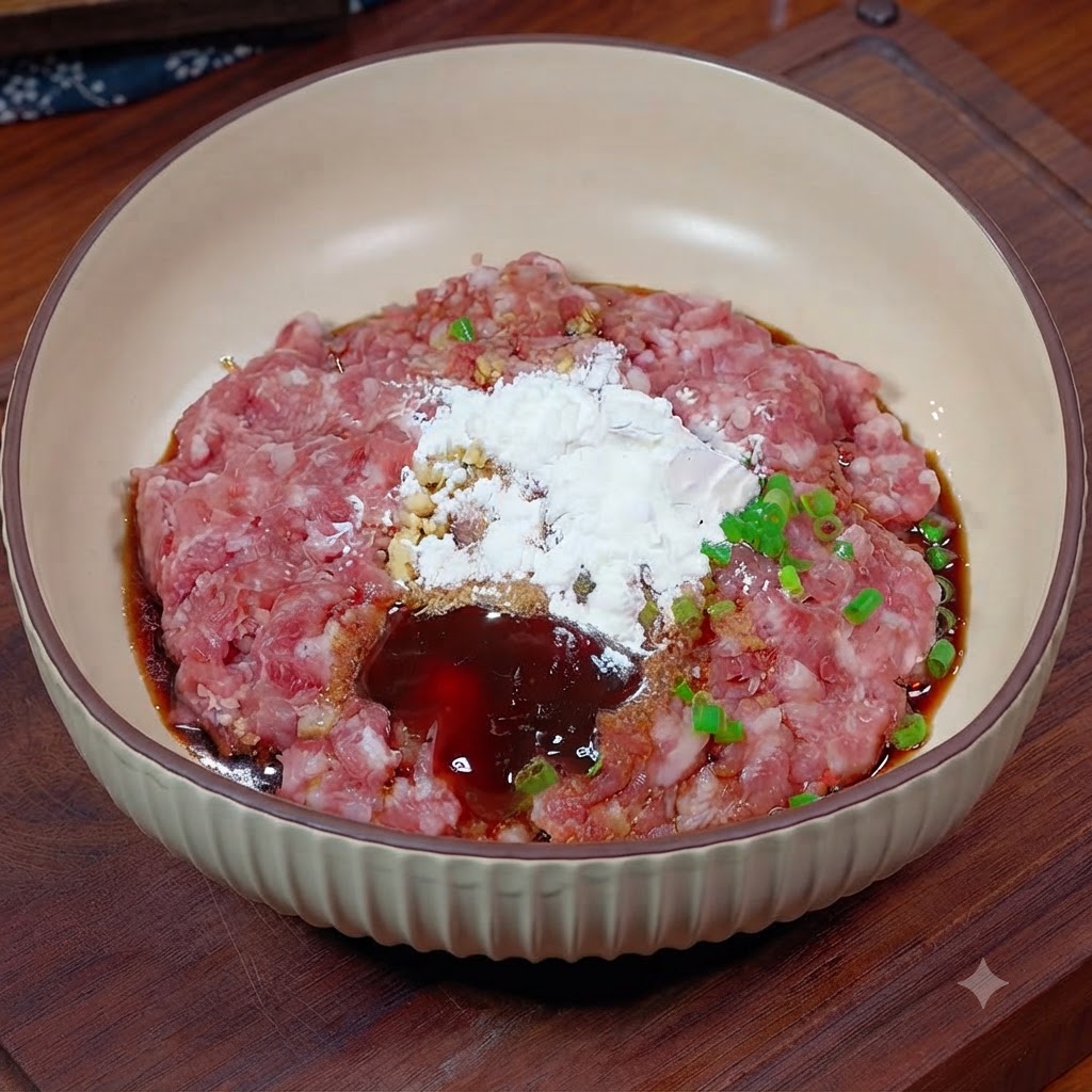 A person mixing the seasoned minced meat and sauce ingredients together thoroughly inside a bowl using chopsticks.