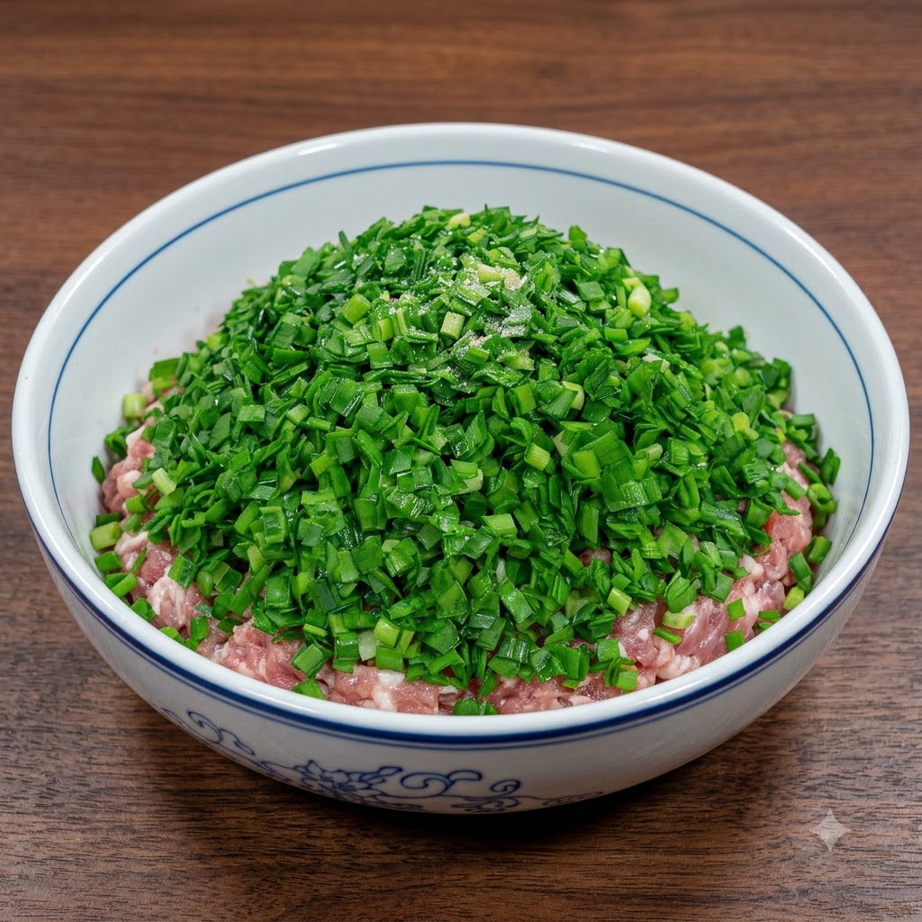 A large bowl filled with a mound of chopped green chives resting on top of the seasoned minced meat.
