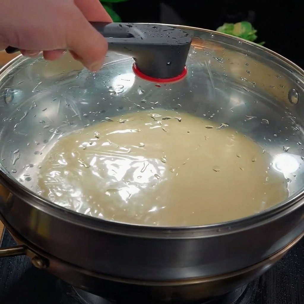 A steamer pot covered with a glass lid, showing thin wrapper sheets steaming inside.