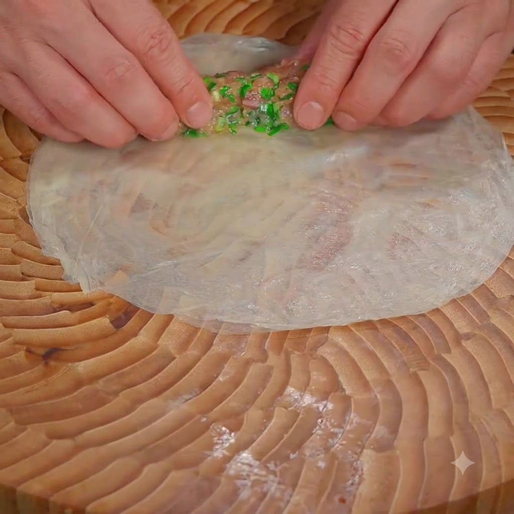Hands rolling a steamed wrapper tightly around a meat and chive filling on a wooden board.
