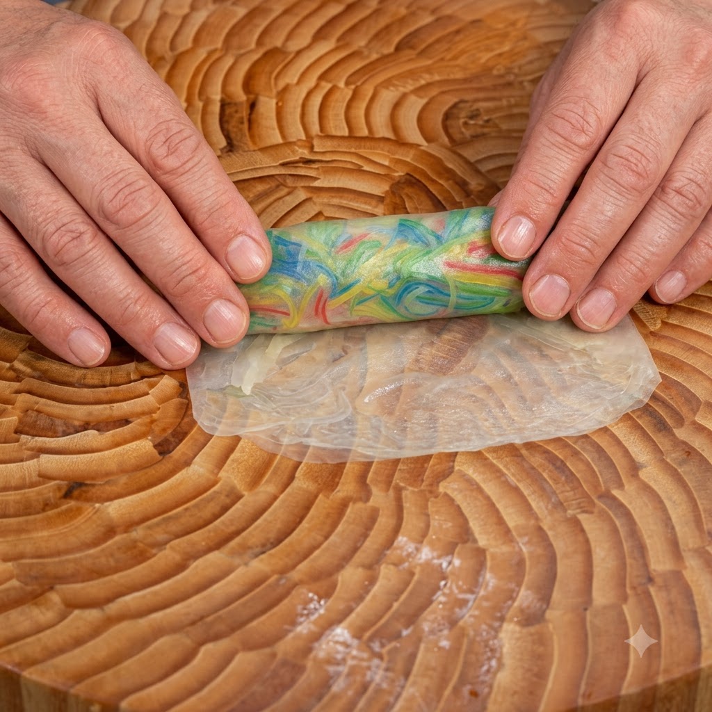 Hands brushing egg wash onto the edge of a rolled spring roll wrapper.