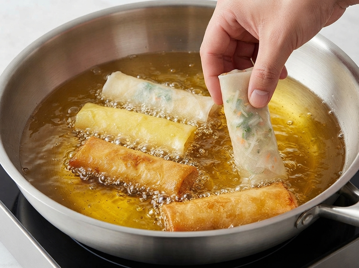 Spring rolls being fried in a stainless steel pan filled with hot oil, with golden and crispy rolls visible.