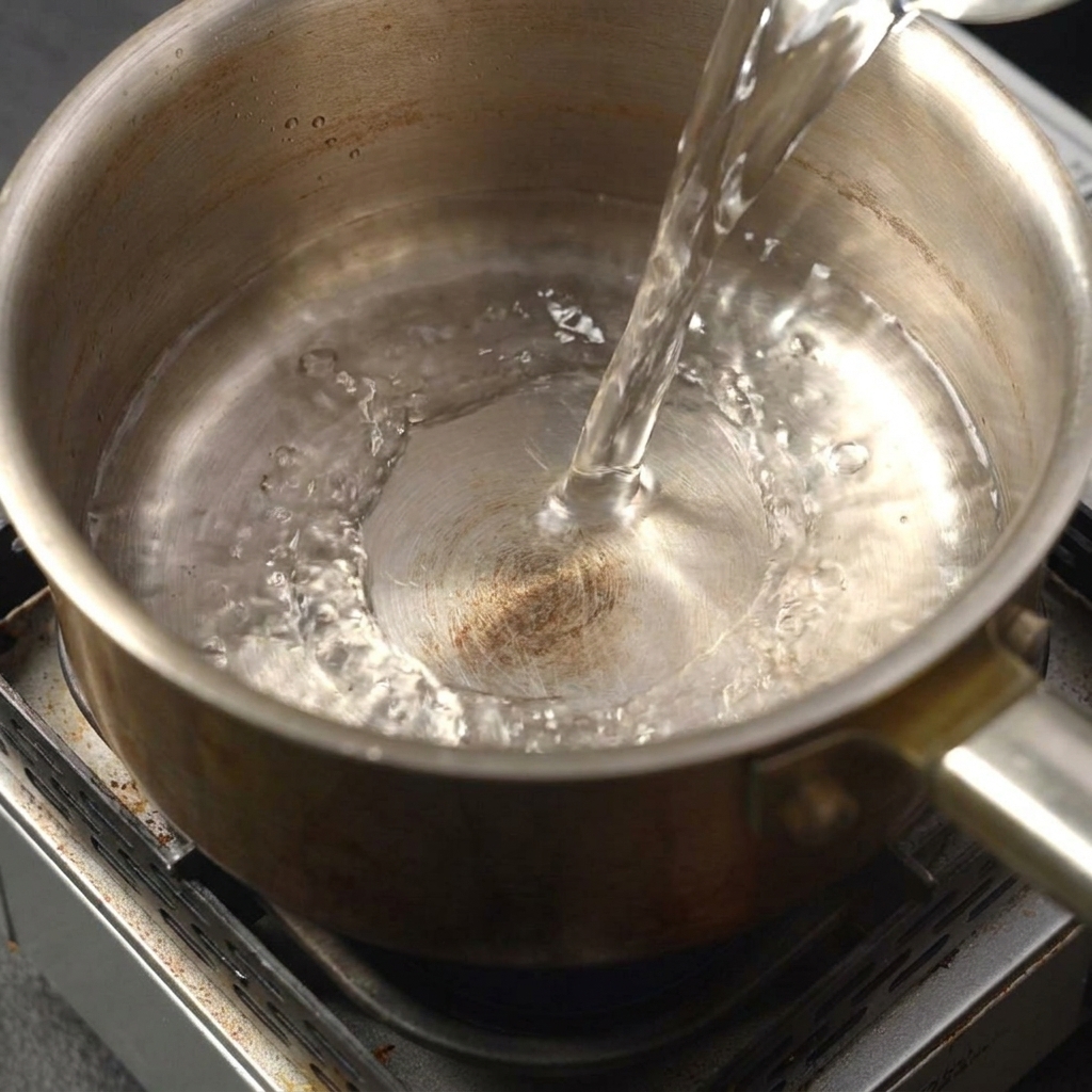 Water being streamed into a stainless steel pot on the stovetop.