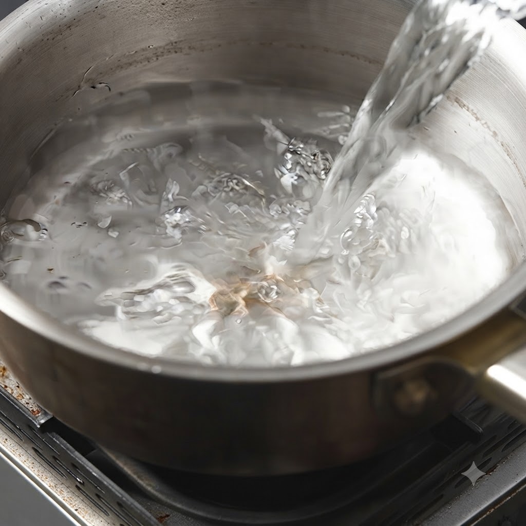White wine streaming into a pot filled with water.