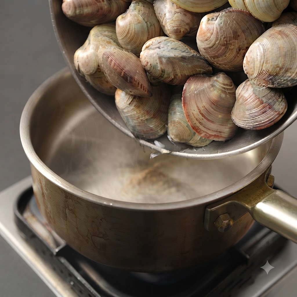 Clams being poured from a plate into the cooking pot.