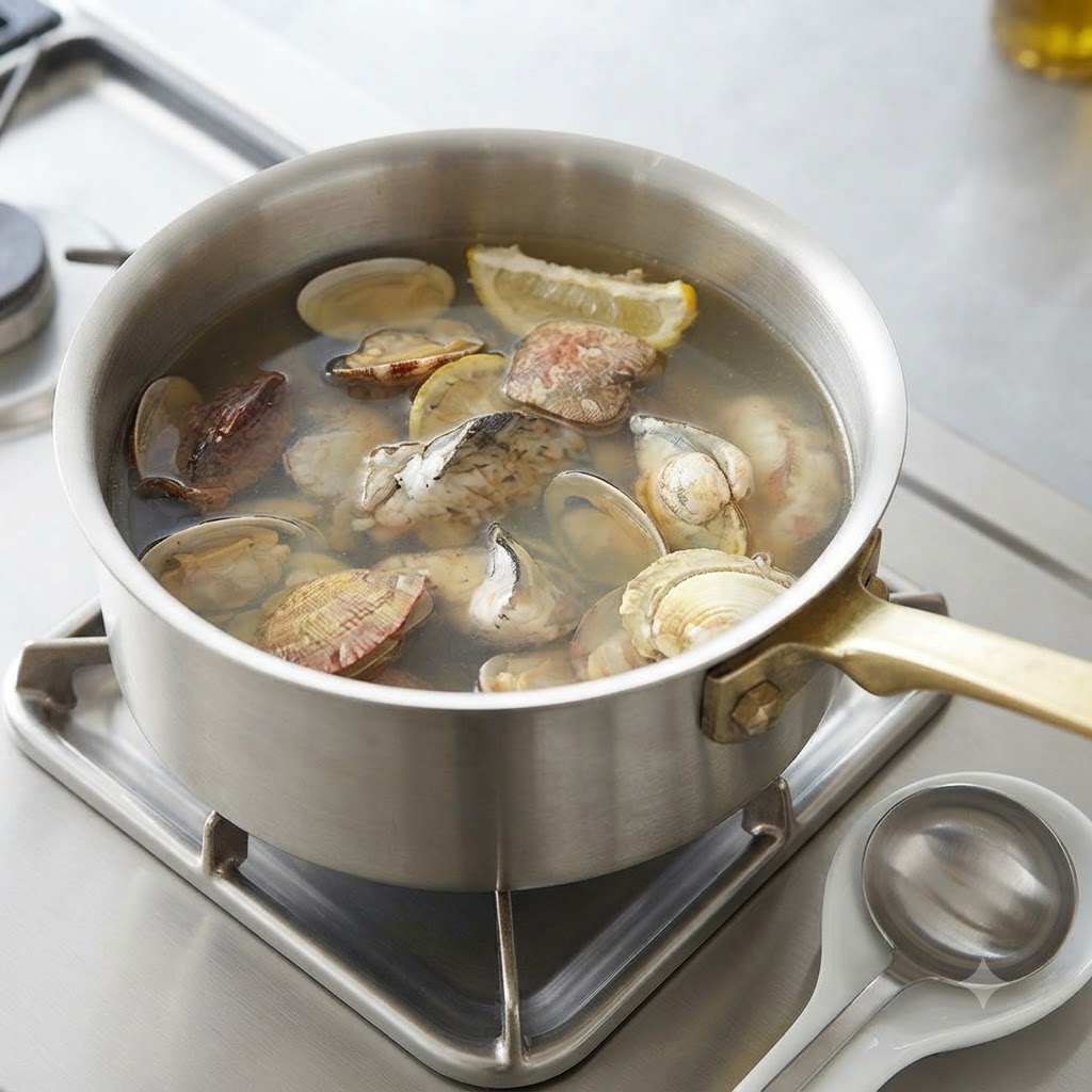 Clams boiling in seasoned broth inside a pot on the stove.