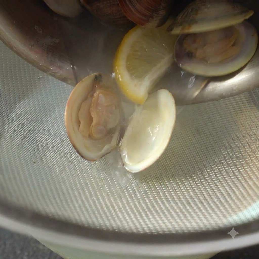 A strainer holding cooked clams and a lemon slice as liquid pours through into a bowl below.