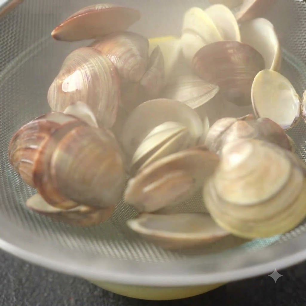 A close-up view of boiled clams resting in a mesh strainer, ready for the meat to be extracted.