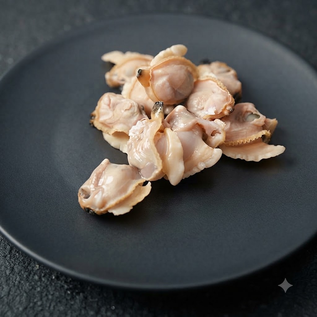 A pile of shucked clam meat resting on a matte black ceramic plate.