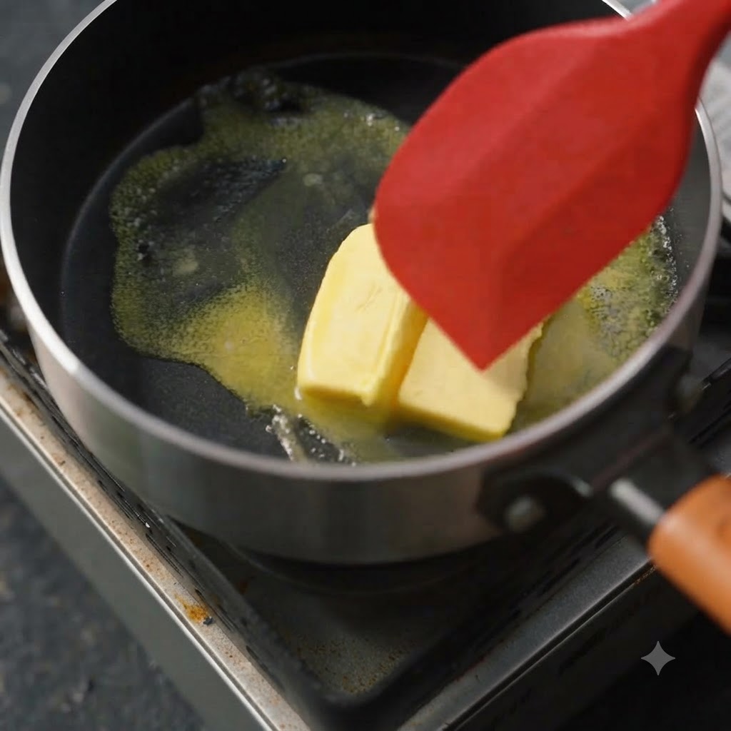 Two blocks of yellow butter melting in a black skillet being guided by a red silicone spatula.