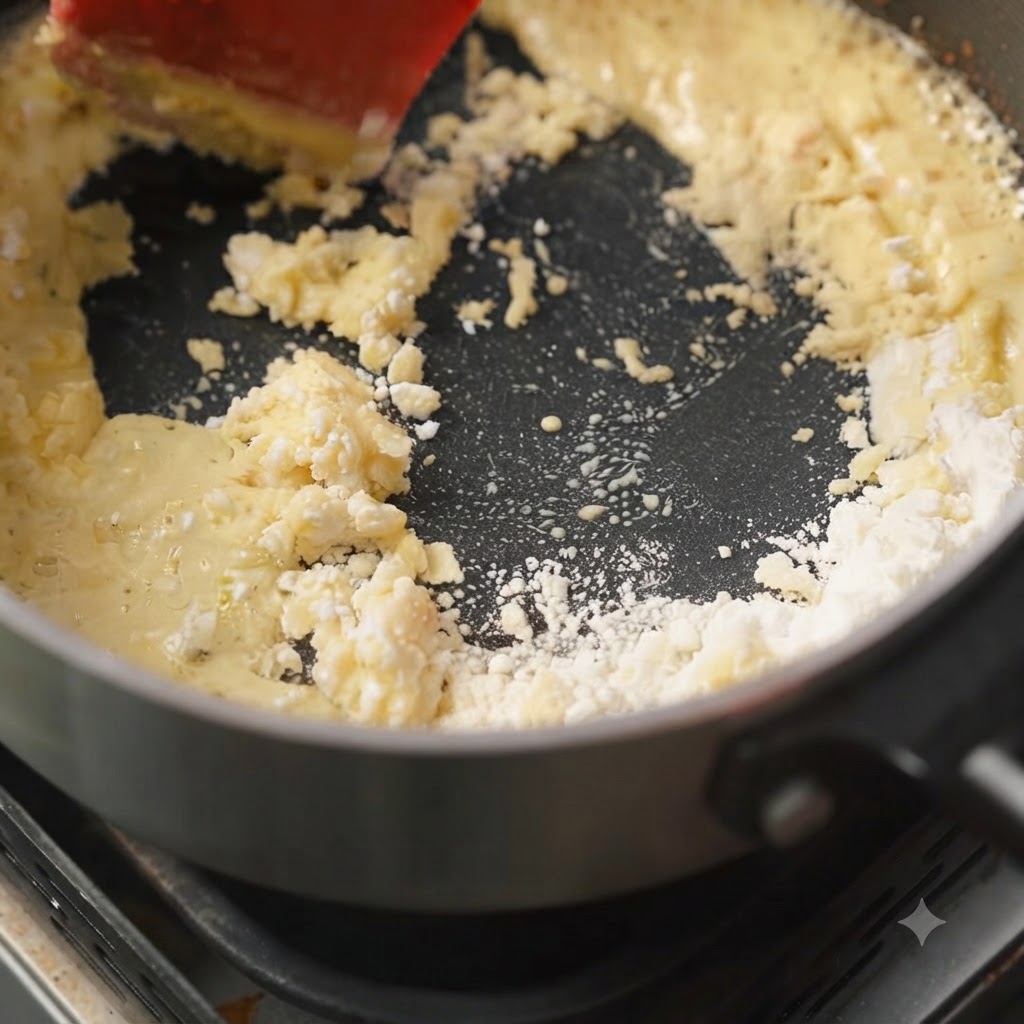 White flour scattered into melted butter inside a skillet.
