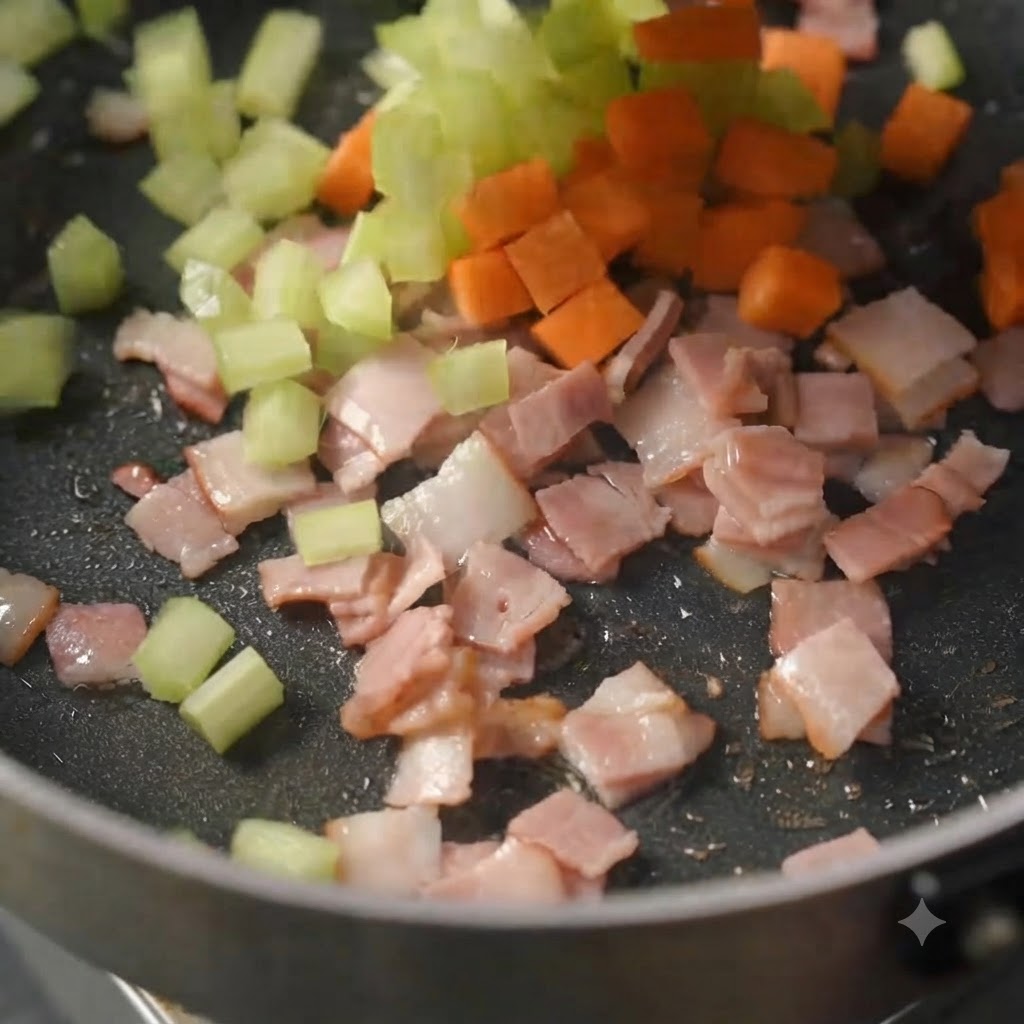 Green celery and orange carrot cubes mixed with bacon as liquid begins to combine in the pan.