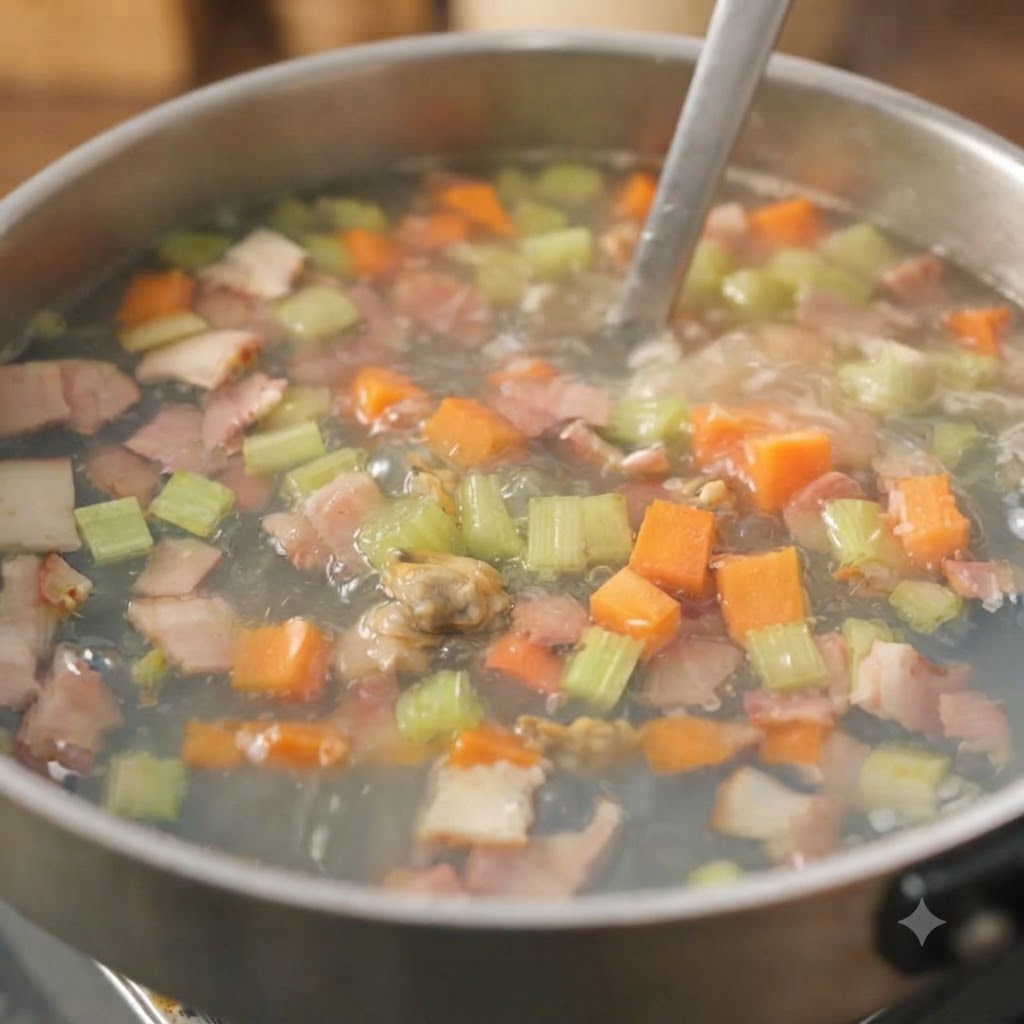 A large pot filled with a simmering soup mixture of vegetables, bacon, and broth being stirred with a ladle.