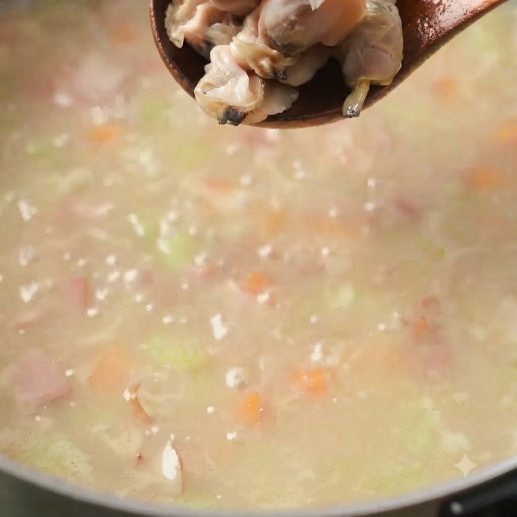 A wooden spoon dropping tender clam meat into a bubbling, creamy pot of chowder.