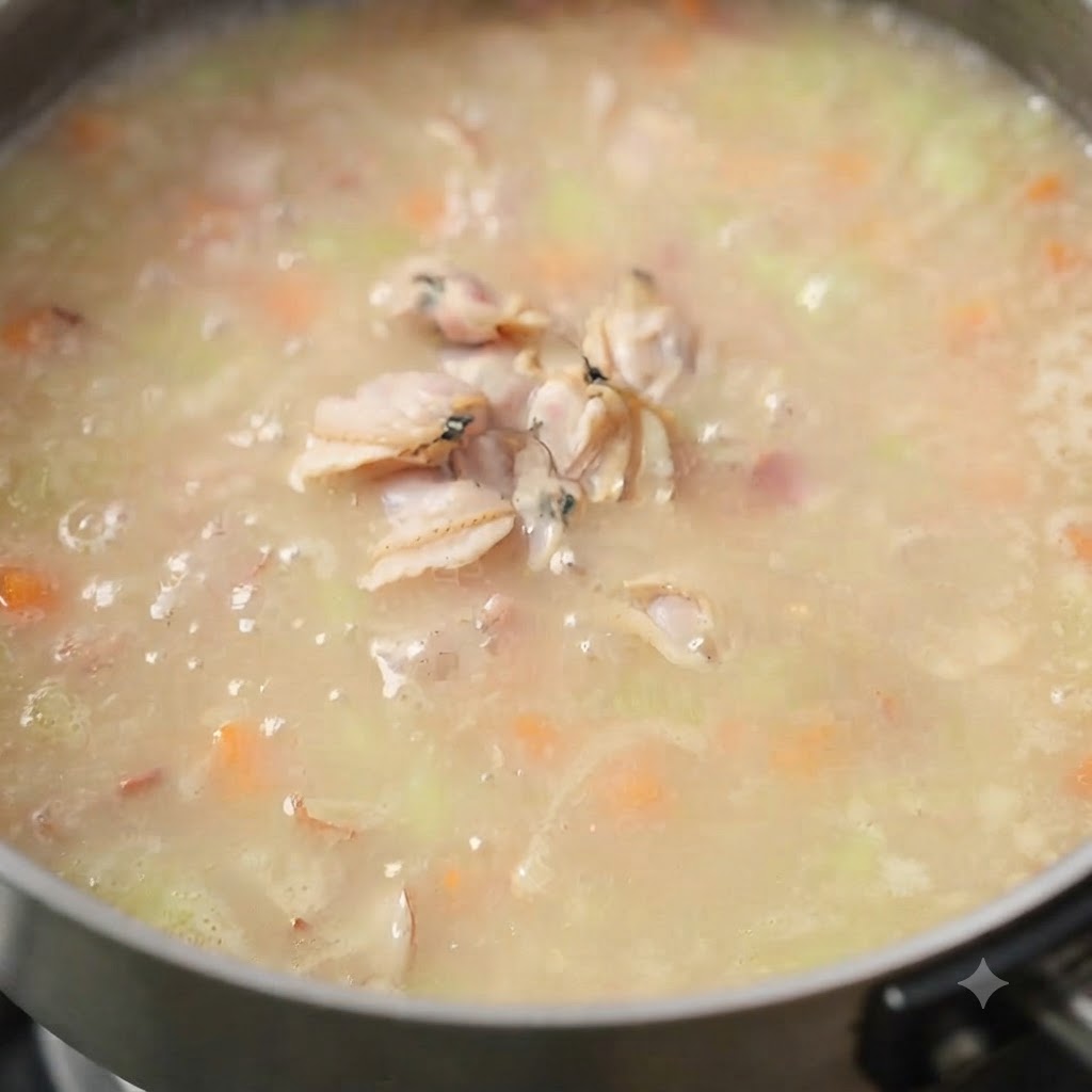 Fresh cream swirling into the boiling soup pot.