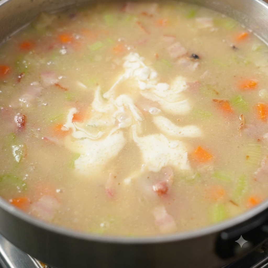 Salt and freshly cracked pepper seasoning the simmering pot of soup.
