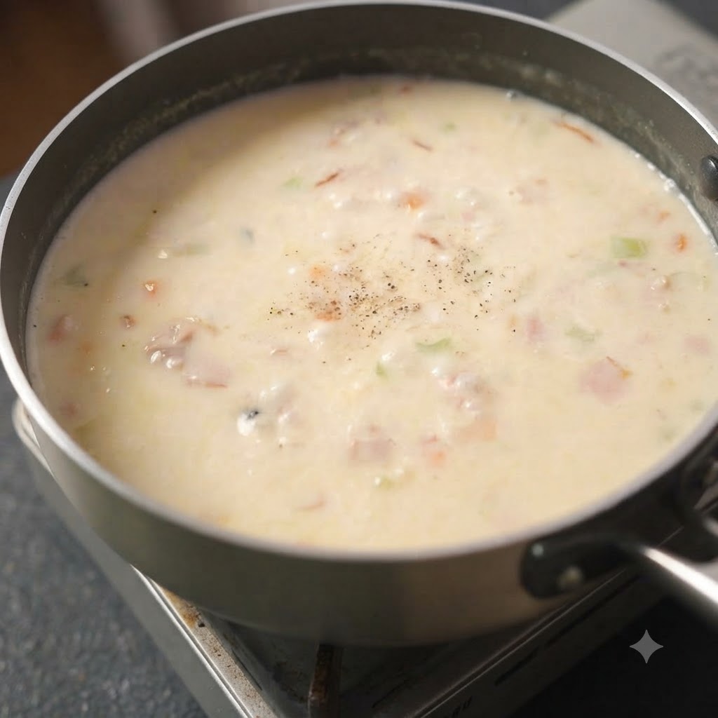 Creamy chowder being thoroughly stirred in a cooking pot.