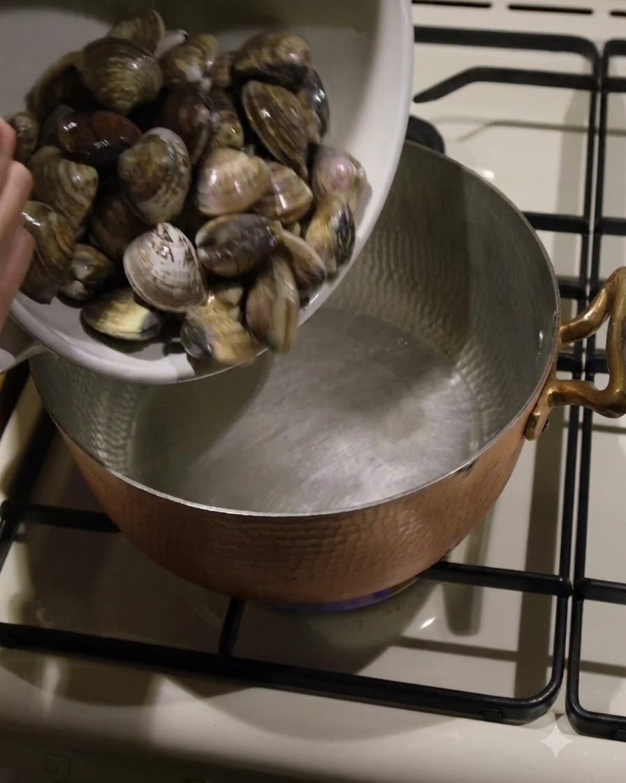 Fresh clams being emptied from a white bowl into a hammered copper pot on a burner.