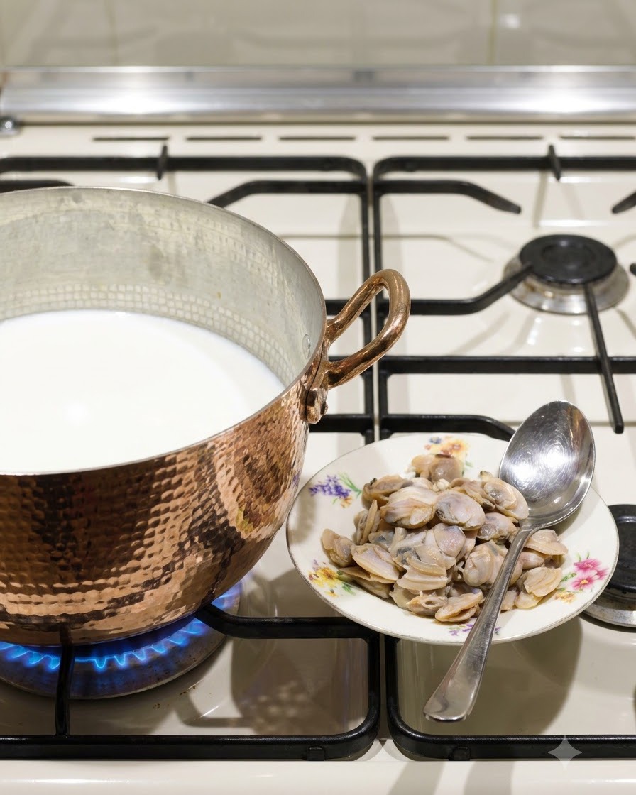 A slotted spoon adding clam meat into a copper pot filled with milk on a lit gas burner.