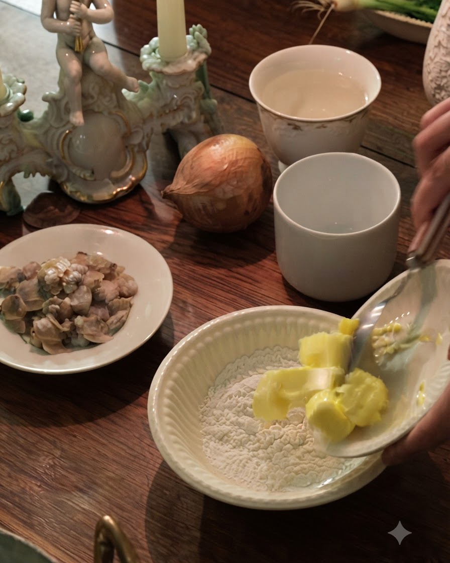 A spoon mixing yellow butter and white flour inside a fluted white bowl.