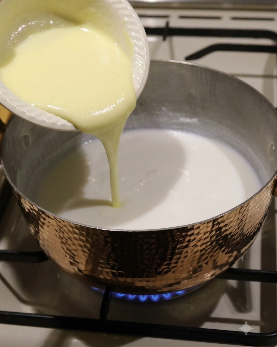 A smooth cream mixture being poured from a small white dish into a pot of white liquid on a stove.
