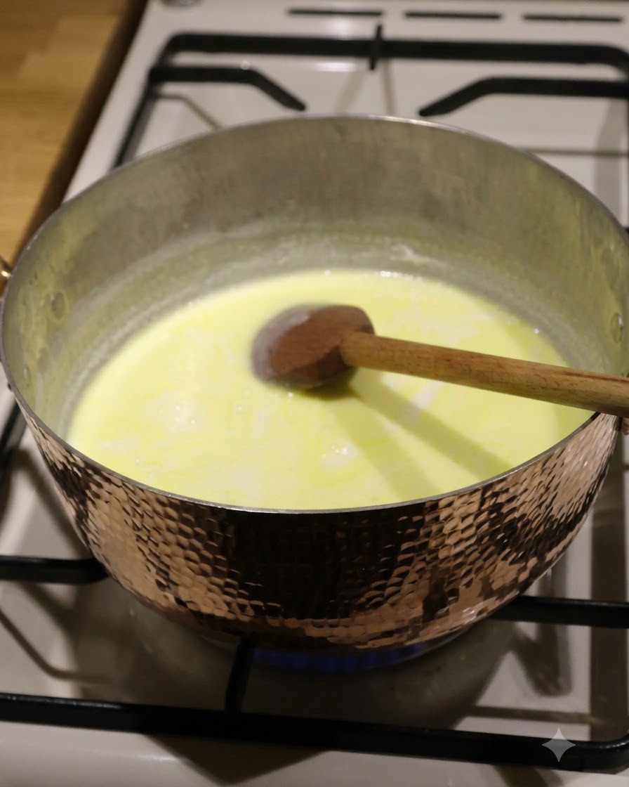 A wooden spoon stirring a simmering yellow soup base inside a copper pot.
