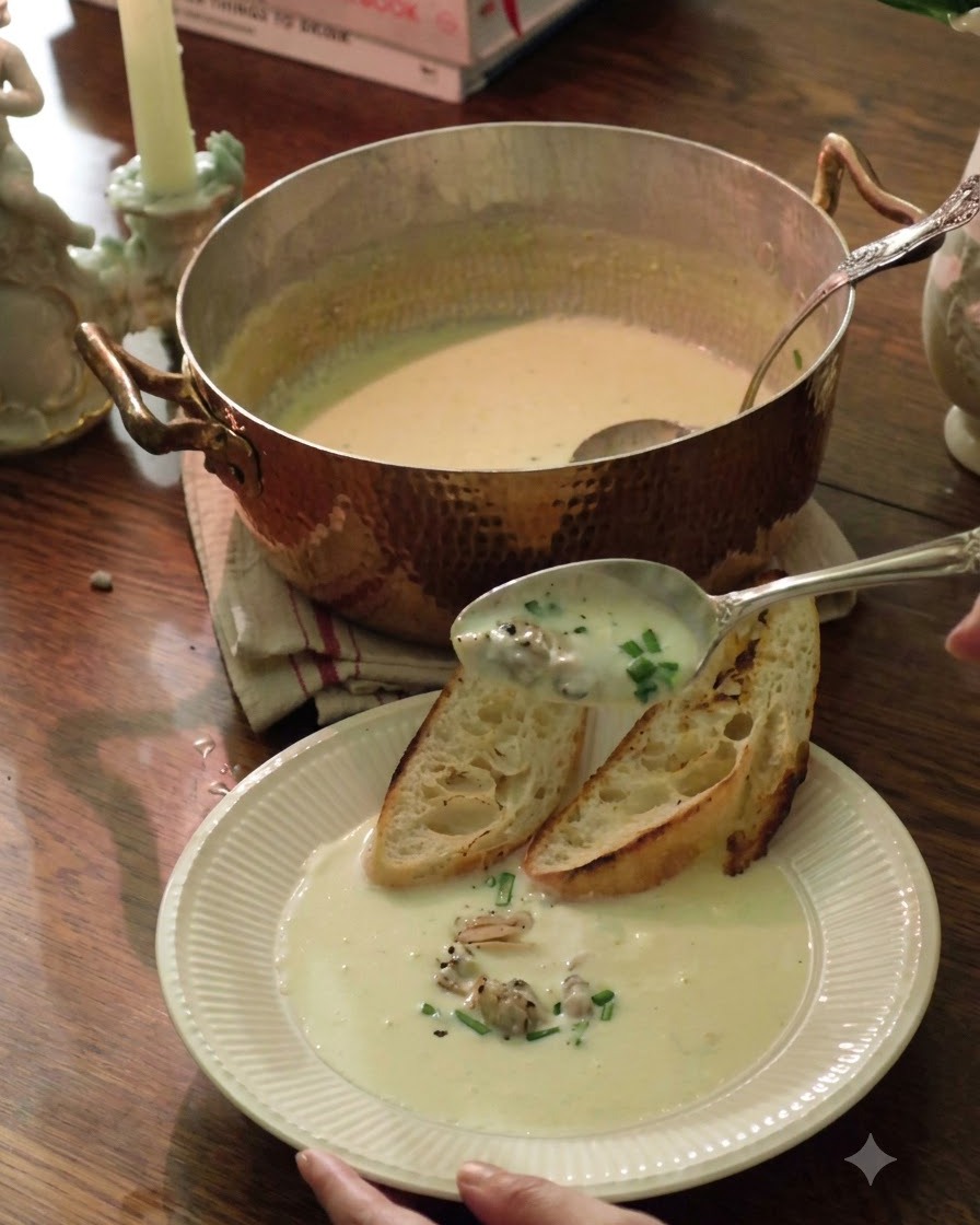 Creamy chowder in a copper pot being served over toasted bread in a white bowl garnished with herbs.