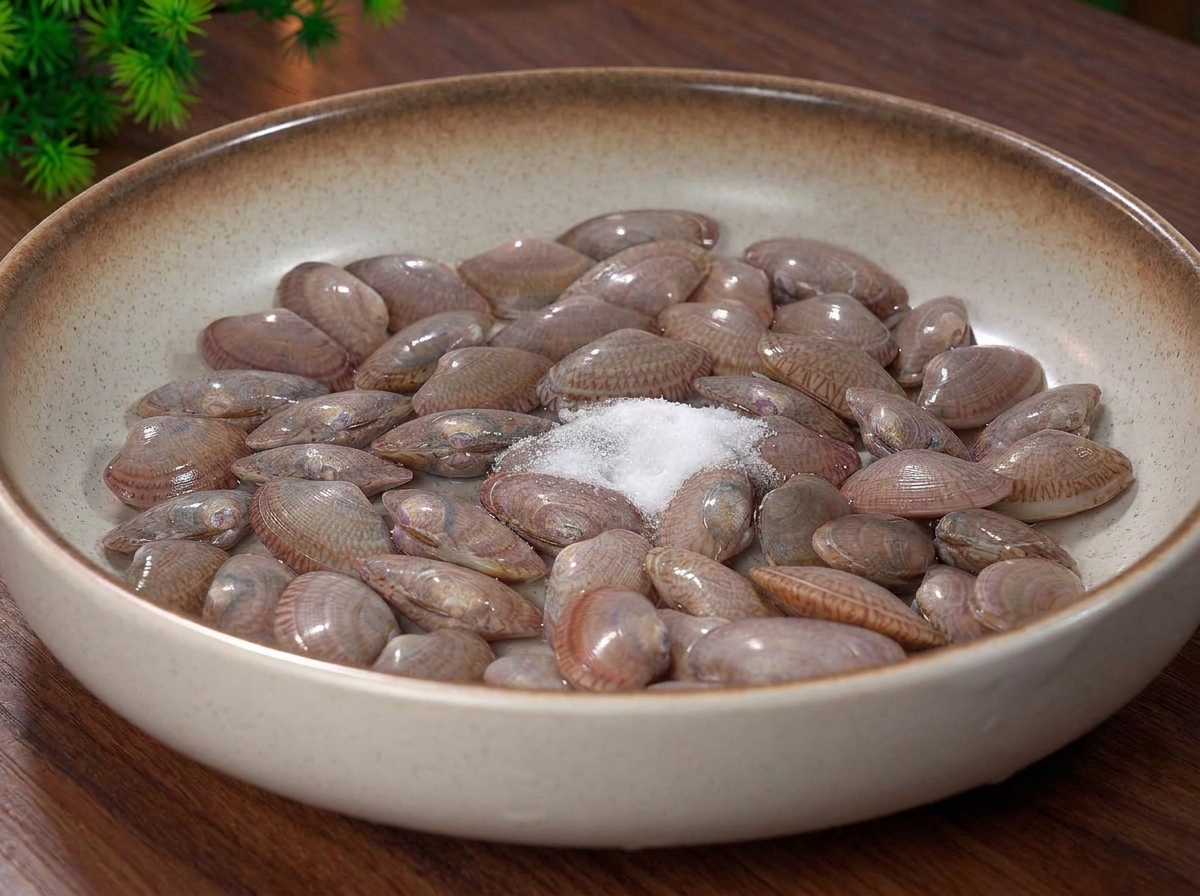 Fresh clams soaking in a bowl of water with salt sprinkled on top.