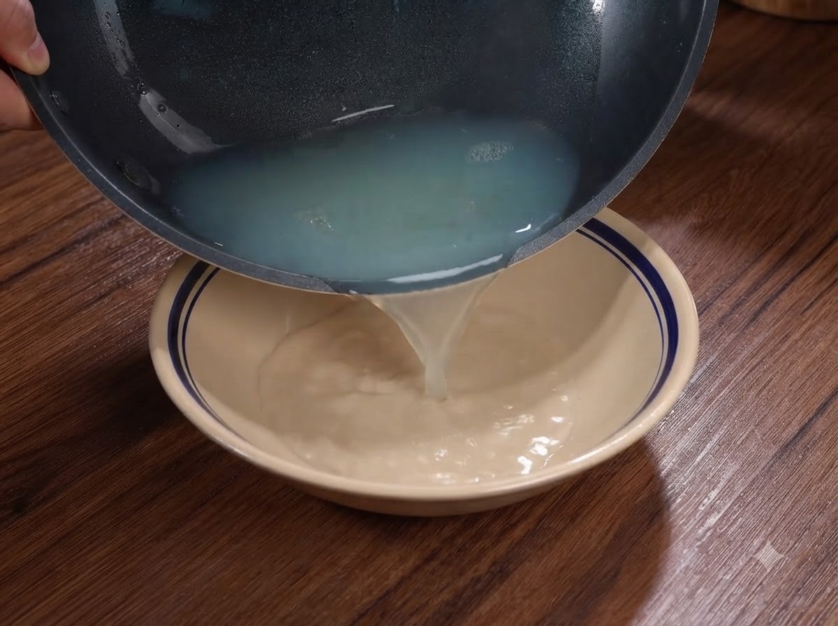Cloudy clam broth being poured from a wok into a ceramic bowl.