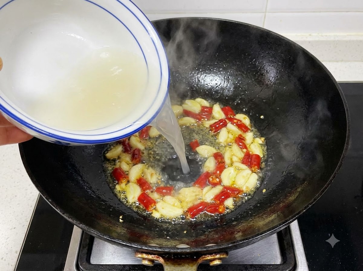 Liquid being poured into a wok containing fried garlic and chilies.