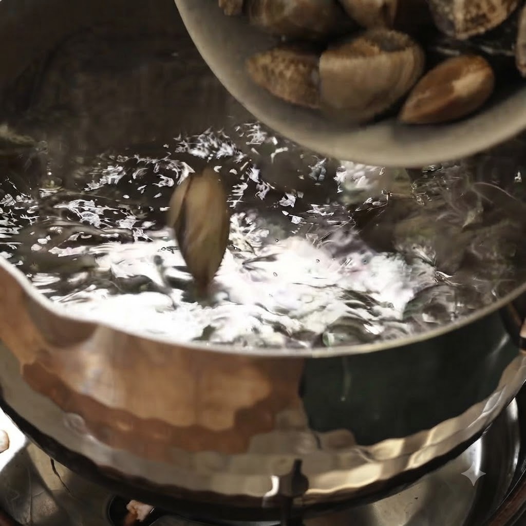 Fresh clams being poured into a pot of boiling water on a stove.