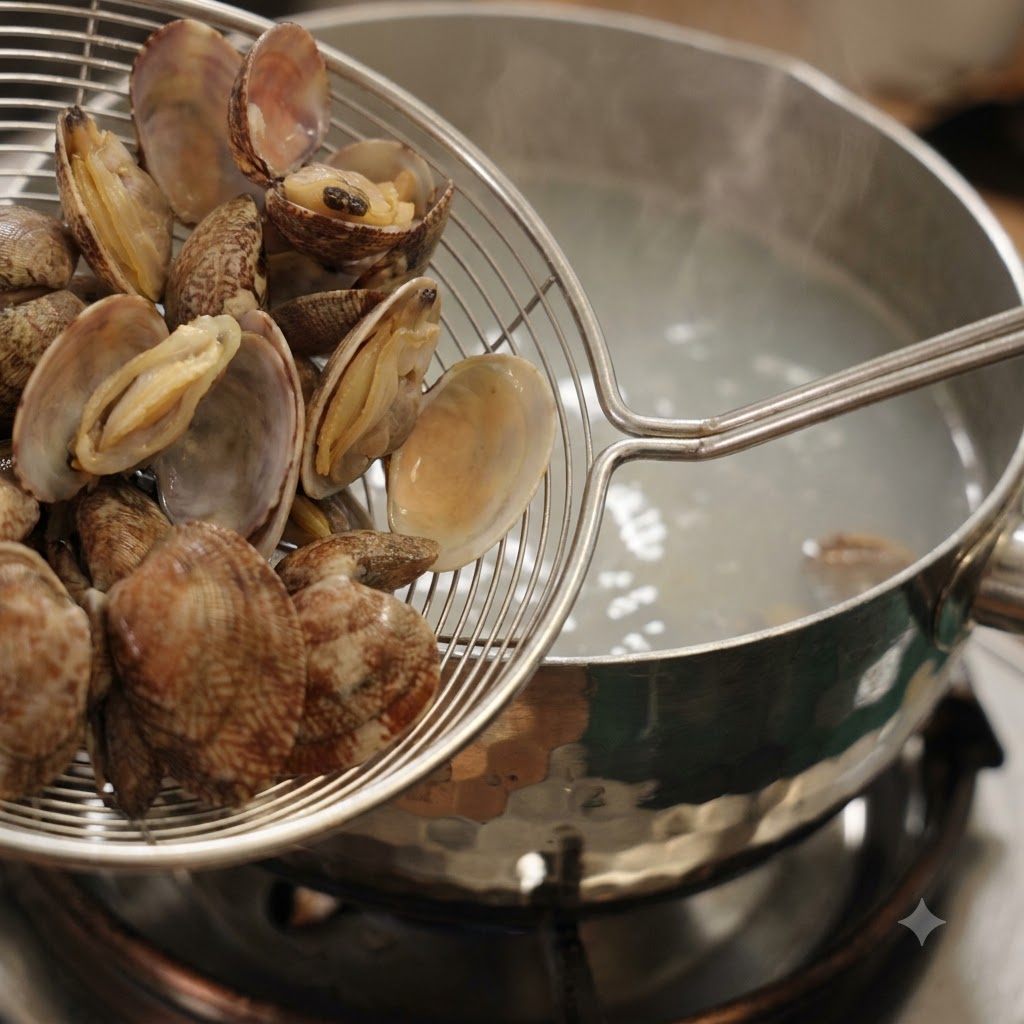 Clam shells and meat being scooped out of boiling water using a wire mesh strainer.